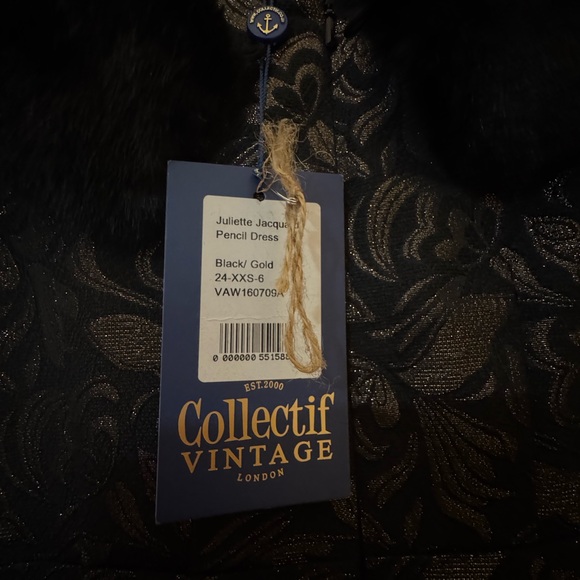 Collectif Black and Gold Juliette Jacquard Pencil Dress - Picture 7 of 11